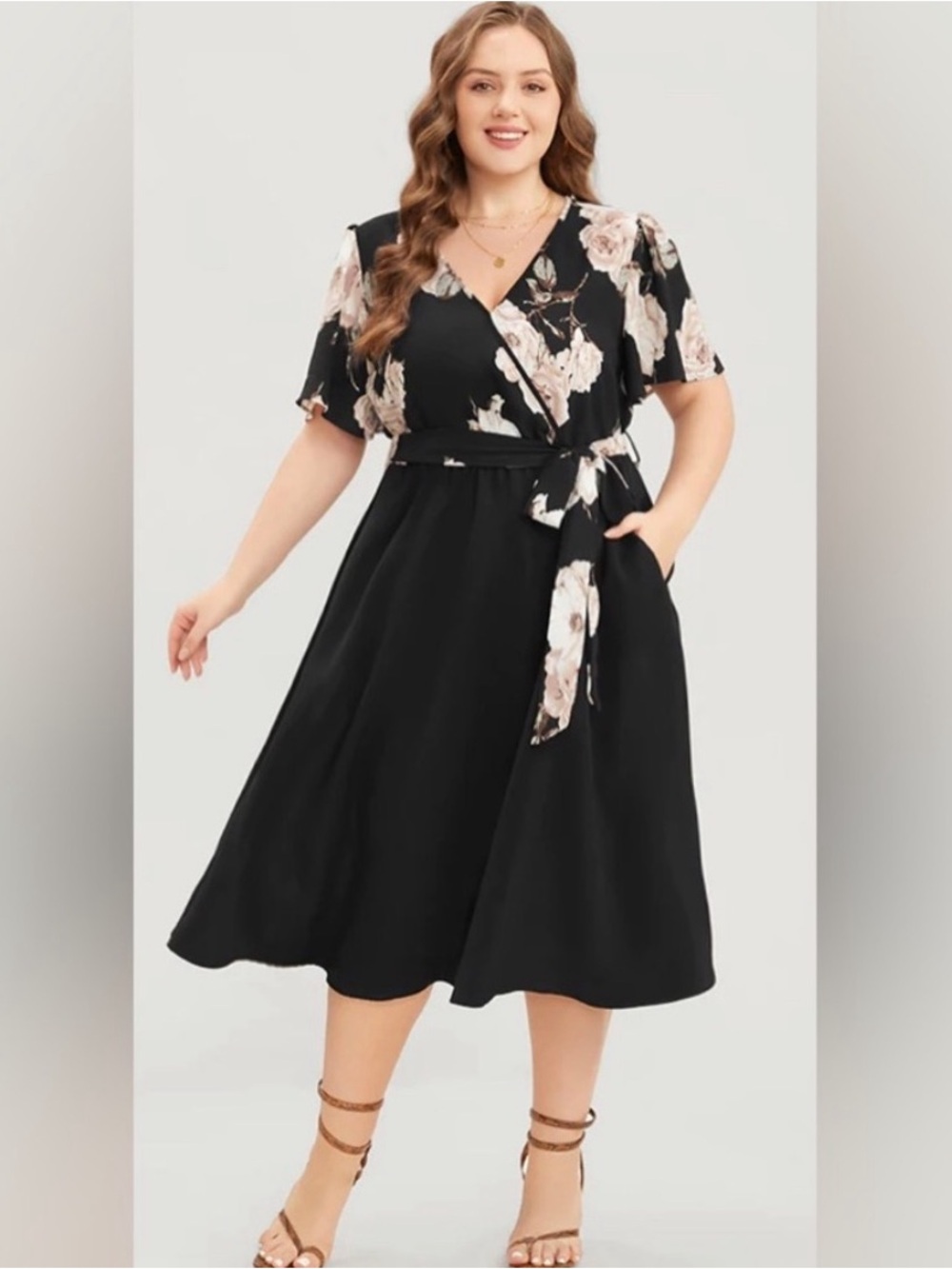 BloomChic Floral Printed Midi Dress 4X 26 Black Pink Roses Surplice Neck Belted